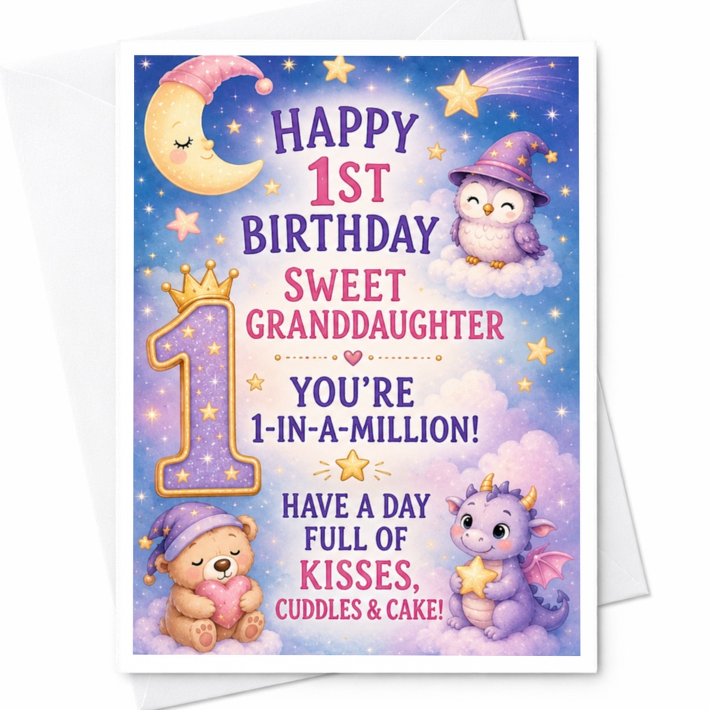 Happy 1st Birthday Sweet Granddaughter 1st Birthday Card Cute Animals Stars Moon For Granddaughter Magical Celebration C3885