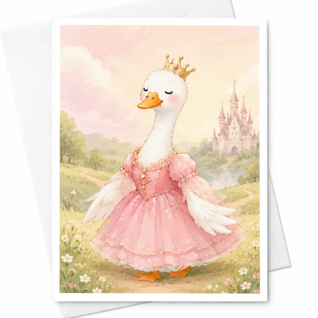 Goose Princess Birthday Card Cute Animal Greeting Card For Kids Fairytale Castle Theme Whimsical Pink Dress Card C3890