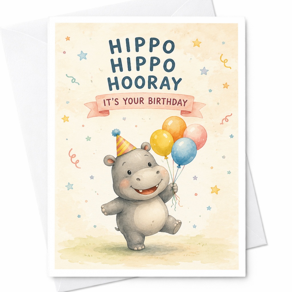 Hippo Hippo Hooray It's Your Birthday Cute Hippo Birthday Card For Kids Fun Animal Greeting Card With Balloons Party Hat C3894