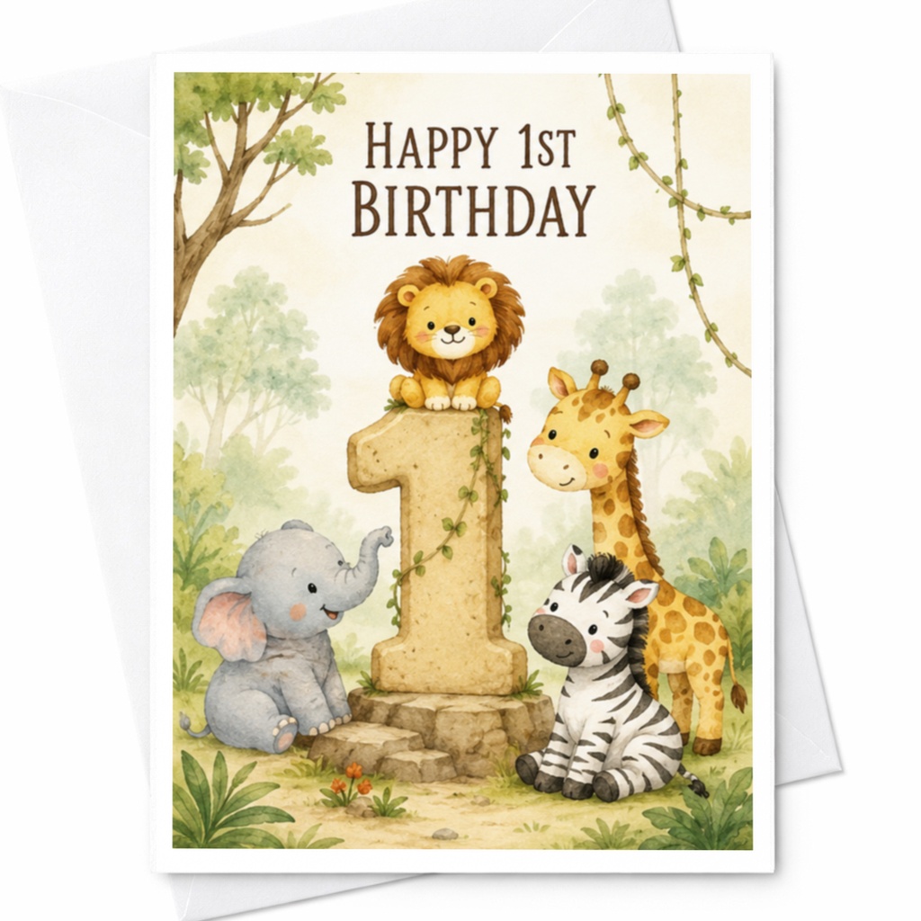 Happy 1st Birthday Safari Animals Card Cute Lion Giraffe Zebra Elephant 1st Birthday Card For Kids Jungle Theme C3868