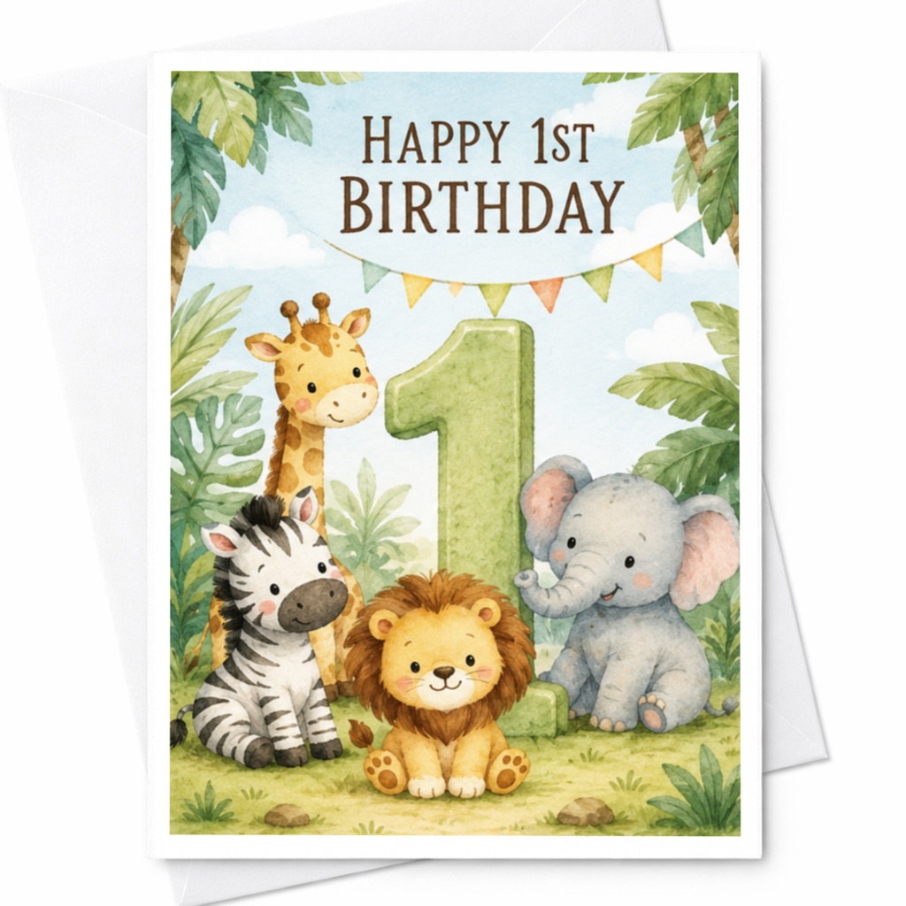 Happy 1st Birthday Safari Animals Card Cute Lion Giraffe Zebra Elephant Illustration Kids Birthday Card For Baby Boy Girl C3869