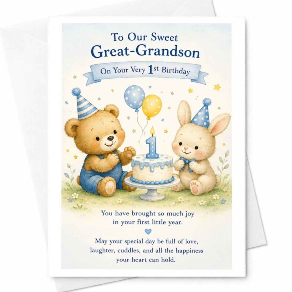 To Our Sweet Great-Grandson On Your Very 1st Birthday Adorable 1st Birthday Card From Great Grandparents Cute Animal C3871