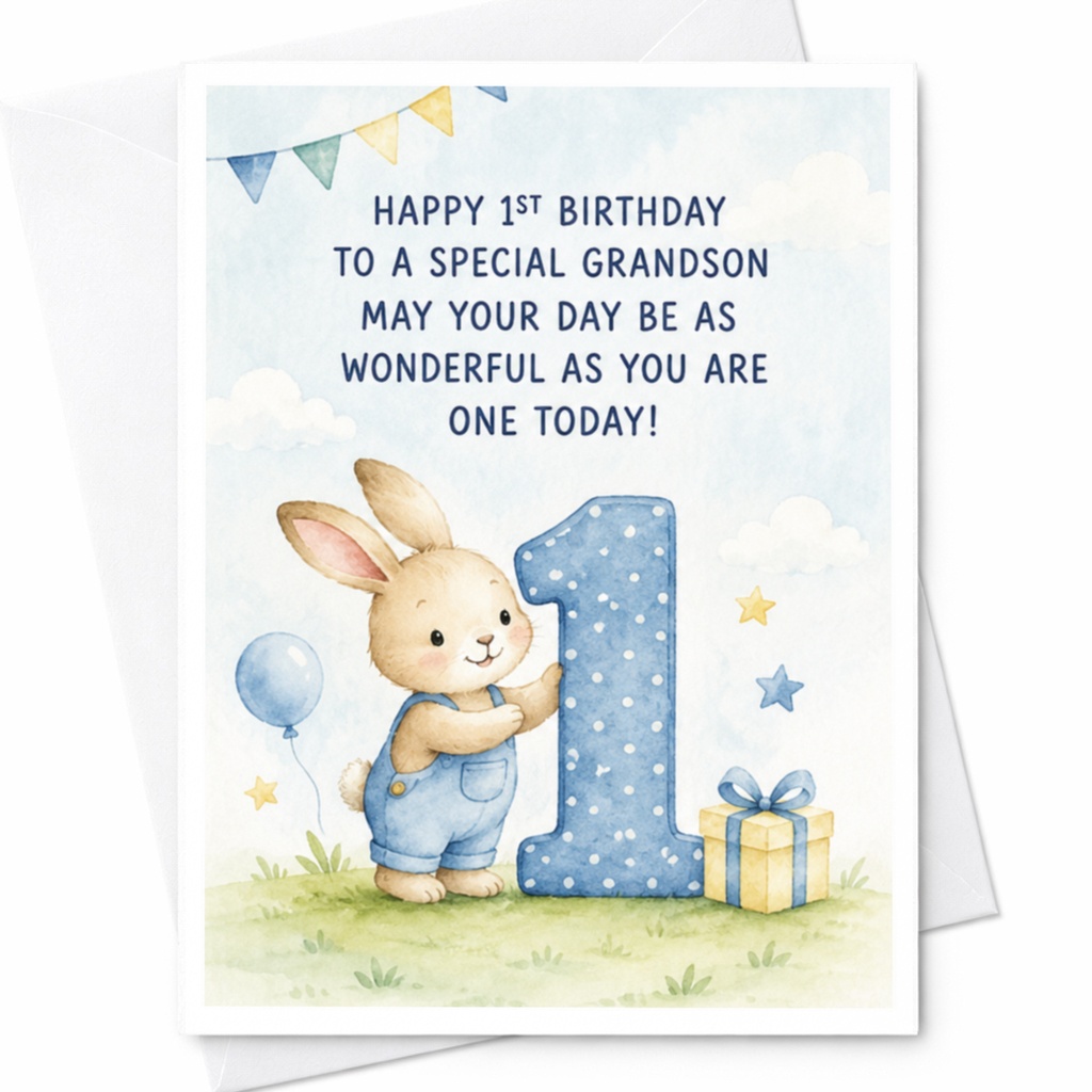 Happy 1st Birthday To A Special Grandson 1st Birthday Card Cute Watercolor Bunny For Grandson's First Year Celebration C3873
