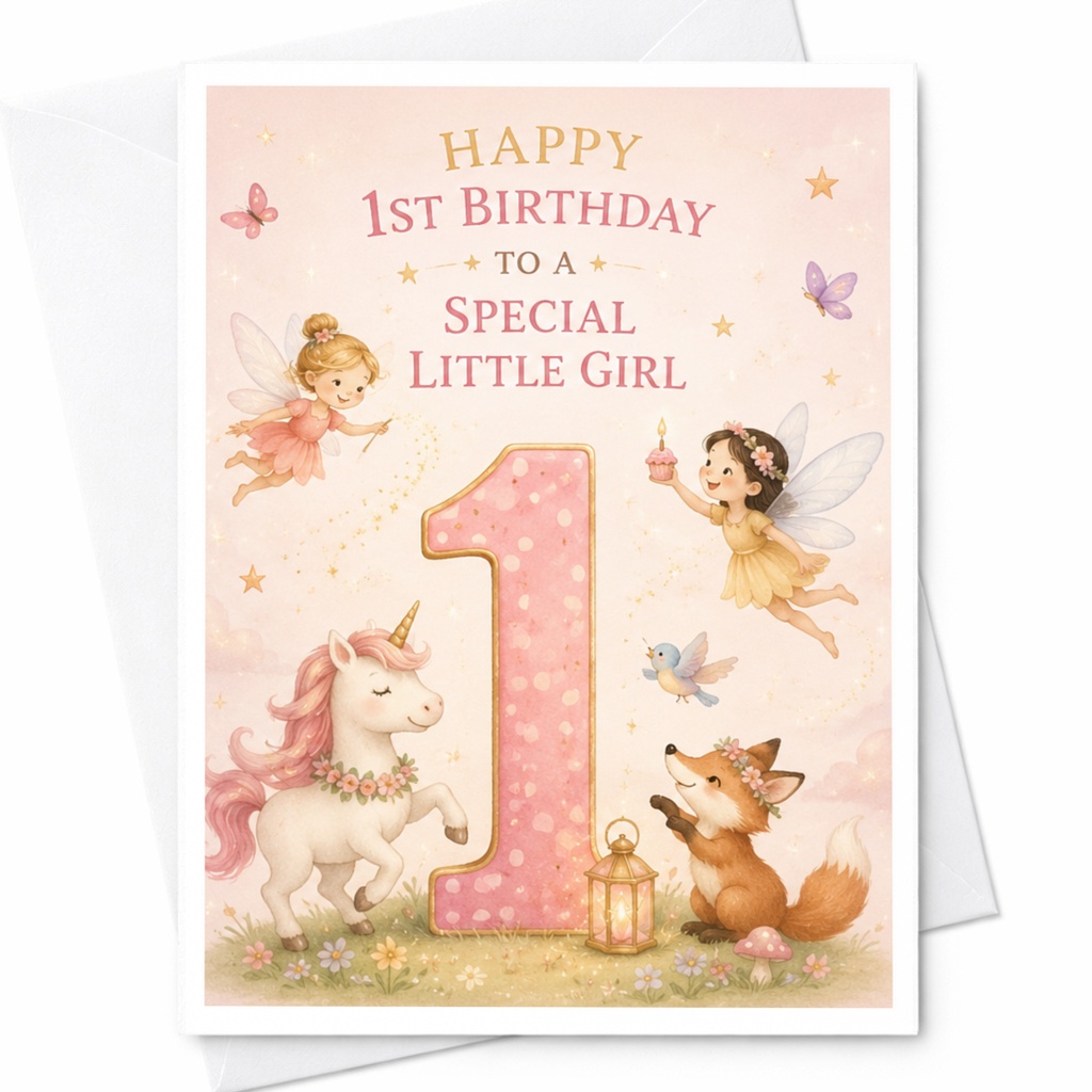 Happy 1st Birthday To A Special Little Girl Unicorn Fairy 1st Birthday Card For Daughter Cute Pink Magical Birthday Card C3874
