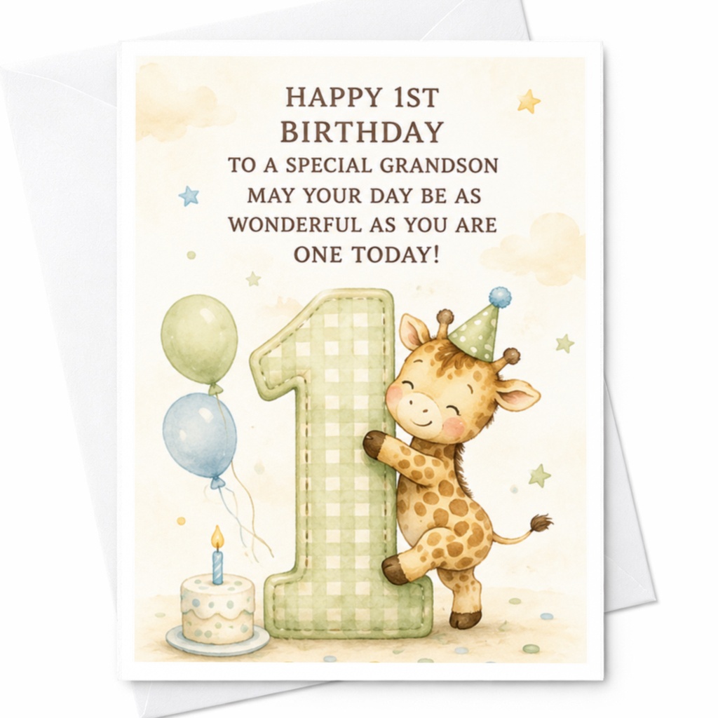 Happy 1st Birthday To A Special Grandson Cute Giraffe First Birthday Card For Grandson From Grandparents With Balloons Cake C3876