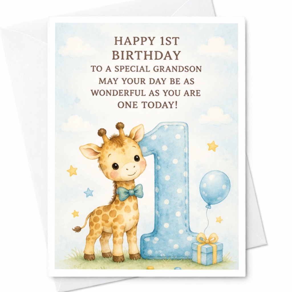 Happy 1st Birthday To A Special Grandson Cute Giraffe First Birthday Card For Grandson Adorable Animal Kids Birthday Card C3877