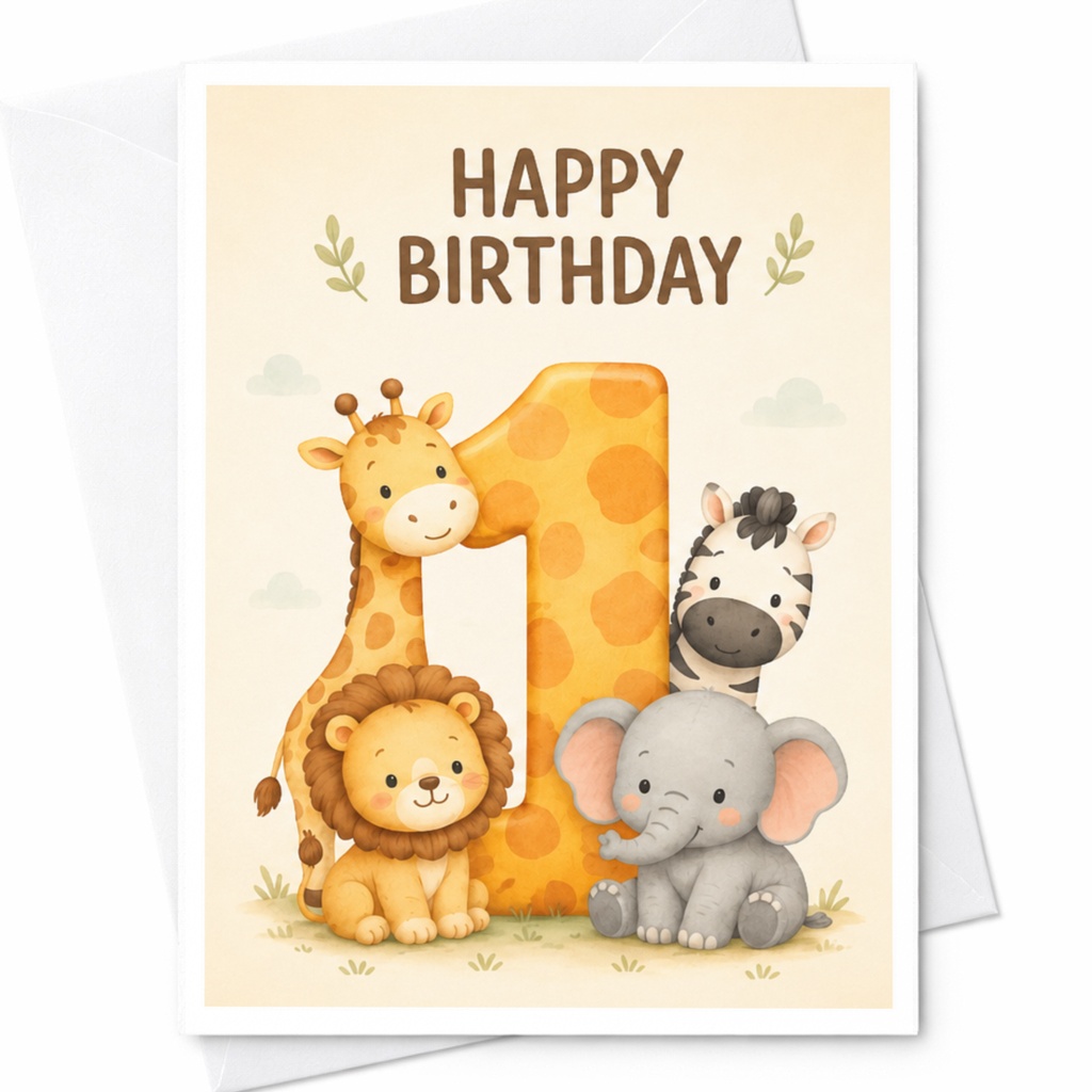 Happy Birthday 1st Birthday Card Cute Animal For Kids Giraffe Elephant Lion Zebra First Birthday Celebration C3883