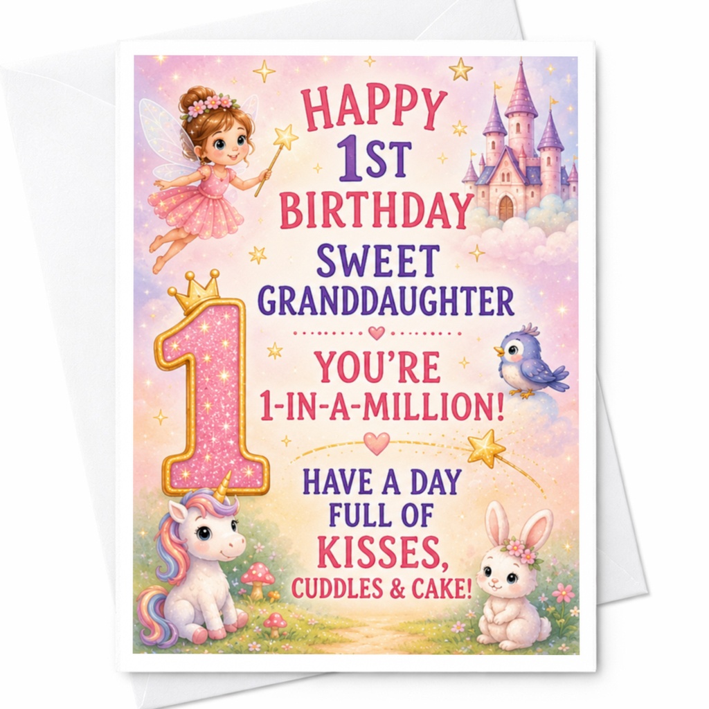 Happy 1st Birthday Sweet Granddaughter You're 1-In-A-Million! 1st Birthday Card Fairy Tale Unicorn Castle Cute Card C3886