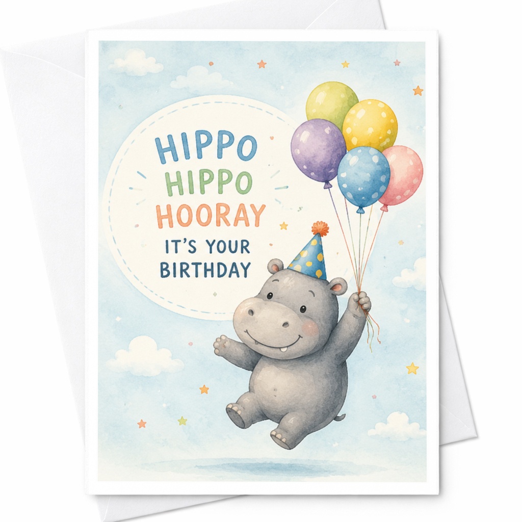 Hippo Hippo Hooray It's Your Birthday Cute Hippo Birthday Card For Kids Animal Lover Fun Party Balloons 1st Birthday Card C3893