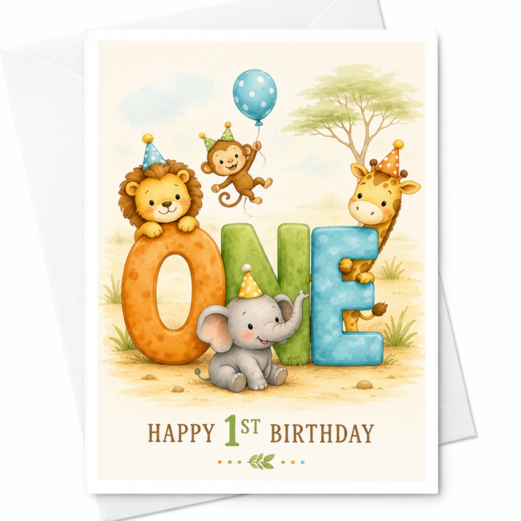 Happy 1st Birthday Cute Animal Card 1st Birthday Card For Kids Jungle Safari Theme Lion Elephant Giraffe Monkey C3895