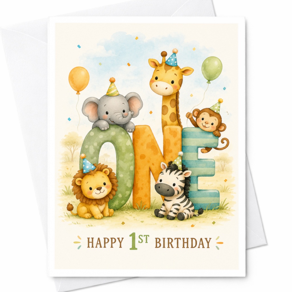 Happy 1st Birthday Cute Animal Card 1st Birthday Card For Kids Jungle Safari Theme Lion Elephant Giraffe Zebra Monkey C3896