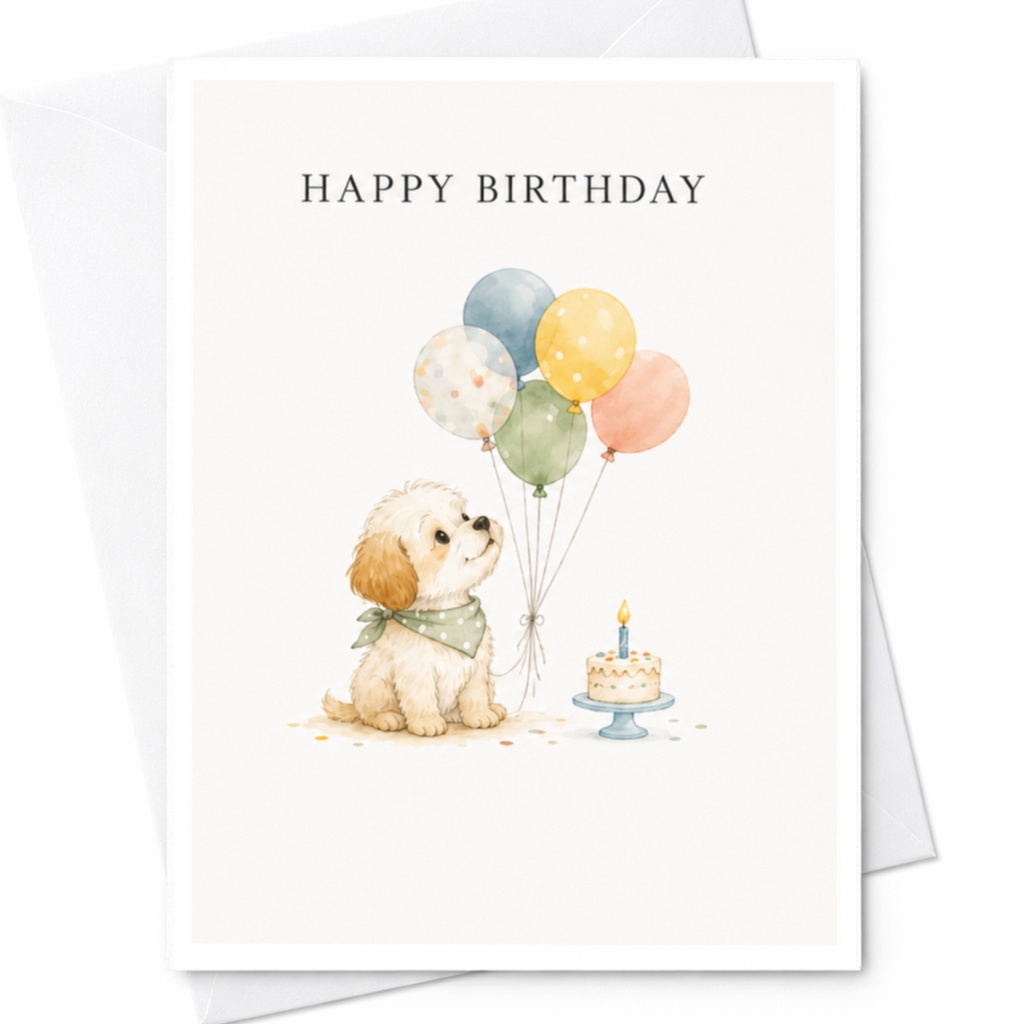 Happy Birthday Cute Dog Birthday Card For Dog Lovers Puppy With Balloons And Cake Adorable Animal Greeting Card C3905