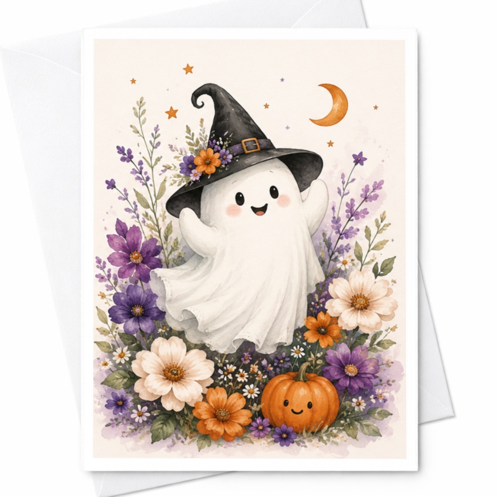 Cute Ghost Halloween Card Witch Hat Floral Adorable Greeting Card For Kids Fun Spooky Fall Celebration C3909