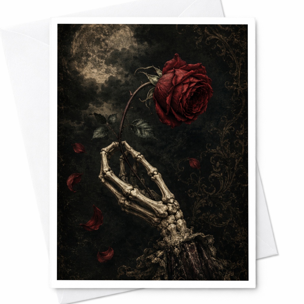 Skeleton Hand Holding Rose Halloween Greeting Card Gothic Art Dark Romantic Card Spooky Floral For Halloween C3911