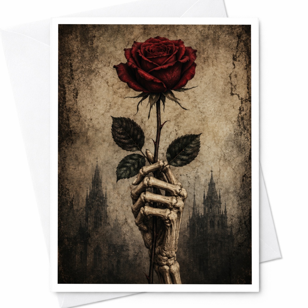 Skeleton Hand Holding Rose Halloween Greeting Card Gothic Art Spooky Vintage Style For Witch Lover Dark Aesthetic C3912