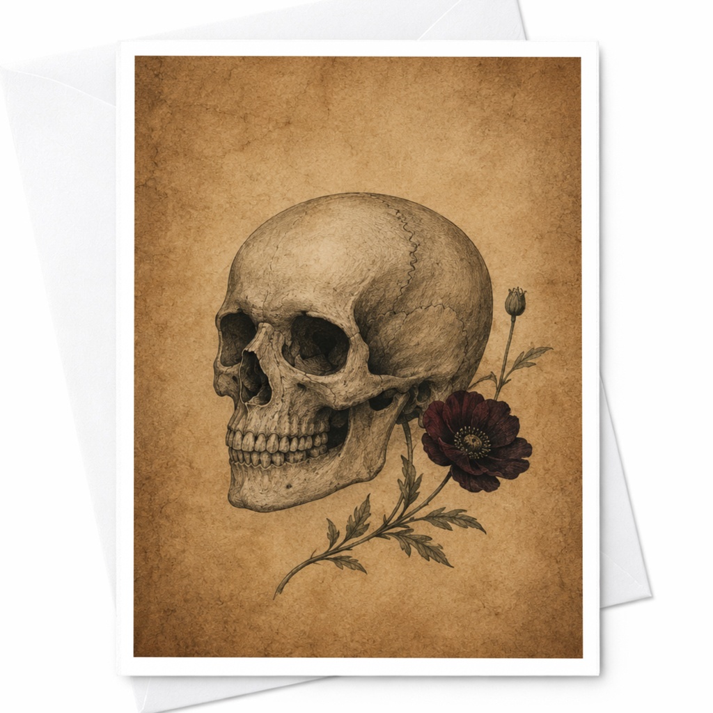 Skull With Flower Halloween Greeting Card Gothic Art Card For Friend Vintage Style Spooky Card Blank Note Card C3917
