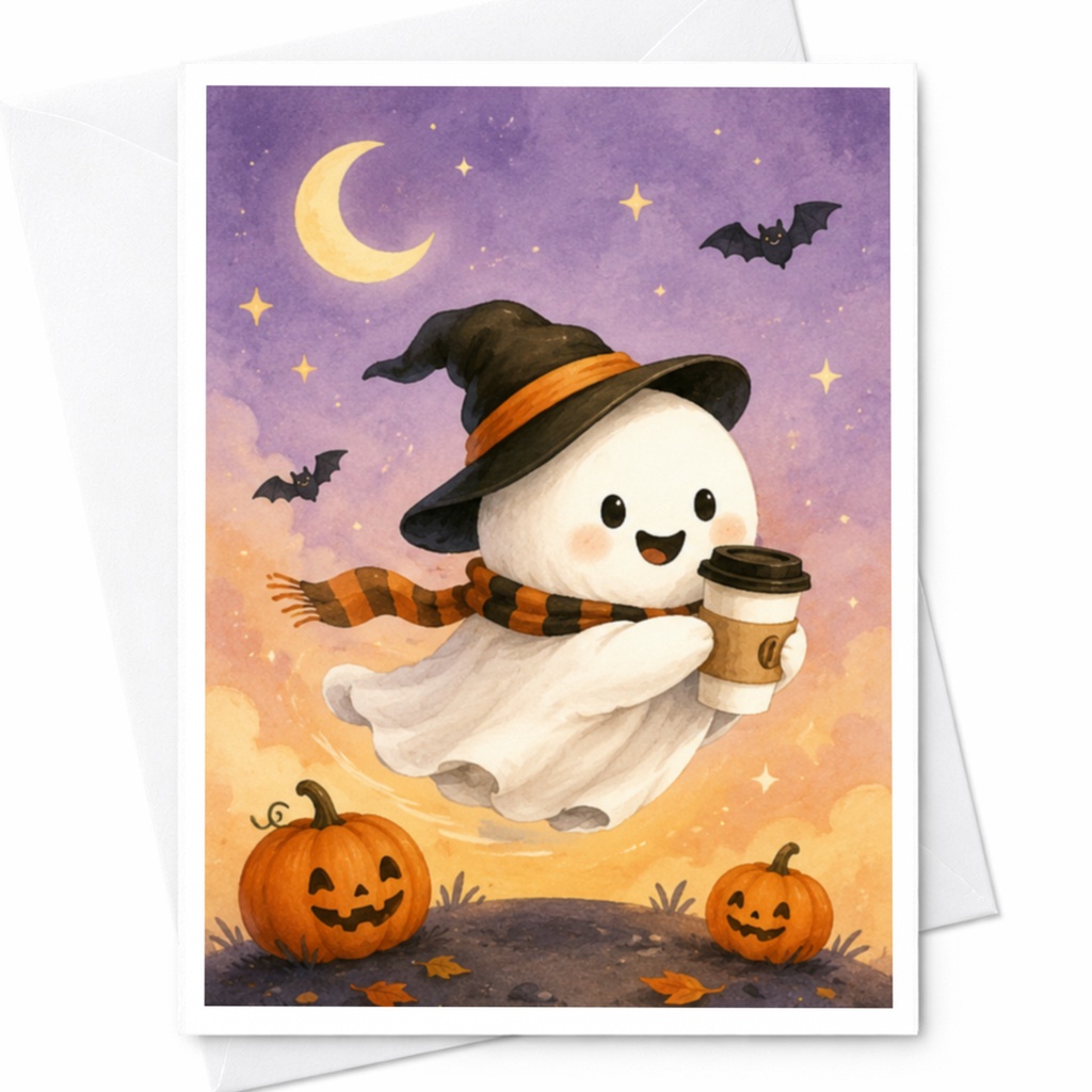 Cute Ghost Halloween Greeting Card Adorable Witch Hat Pumpkin Spooky Fun Card For Kids Fall Celebration C3919