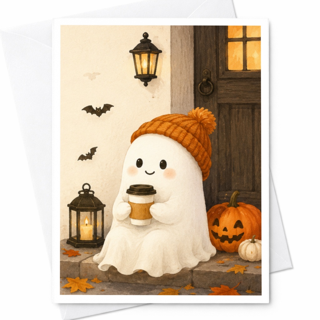 Cute Ghost With Coffee Halloween Greeting Card Cozy Autumn Scene For Friend Spooky Season Card Pumpkin Lantern C3920