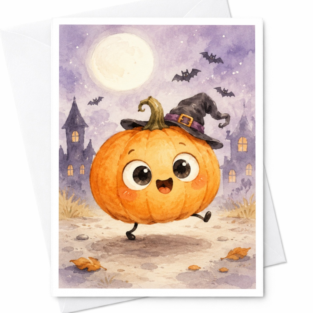 Cute Pumpkin Witch Hat Halloween Greeting Card Spooky Fun Card For Kids Trick Or Treat Card Adorable Halloween Card C3924