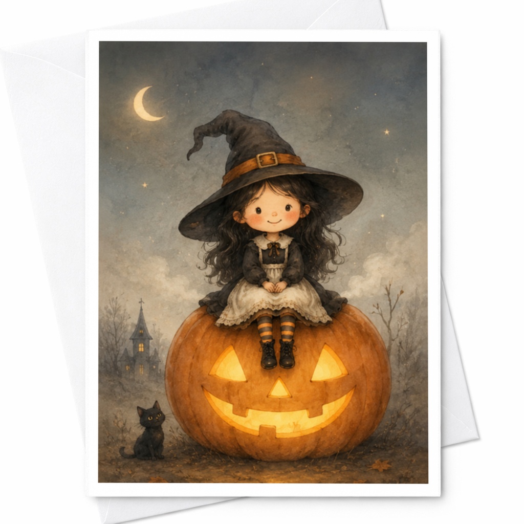 Cute Witch On Pumpkin Halloween Greeting Card With Black Cat Vintage Style For Kids Spooky Fall Celebration Card C3926