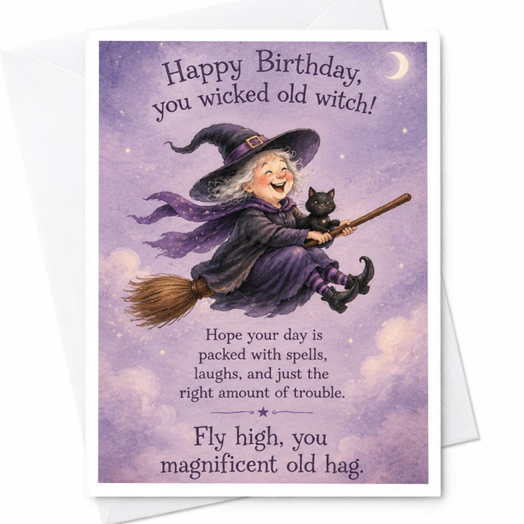 Happy Birthday, You Wicked Old Witch Funny Birthday Card Witch Theme Magic Spells Laughs Halloween Enthusiast Card C3928