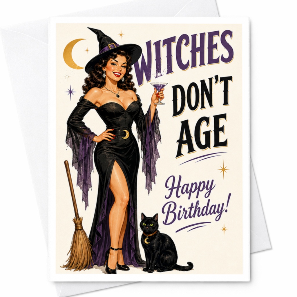 Witches Don't Age Happy Birthday! Vintage Witch Birthday Card Halloween Theme For Her Funny Retro Style With Black Cat C3907
