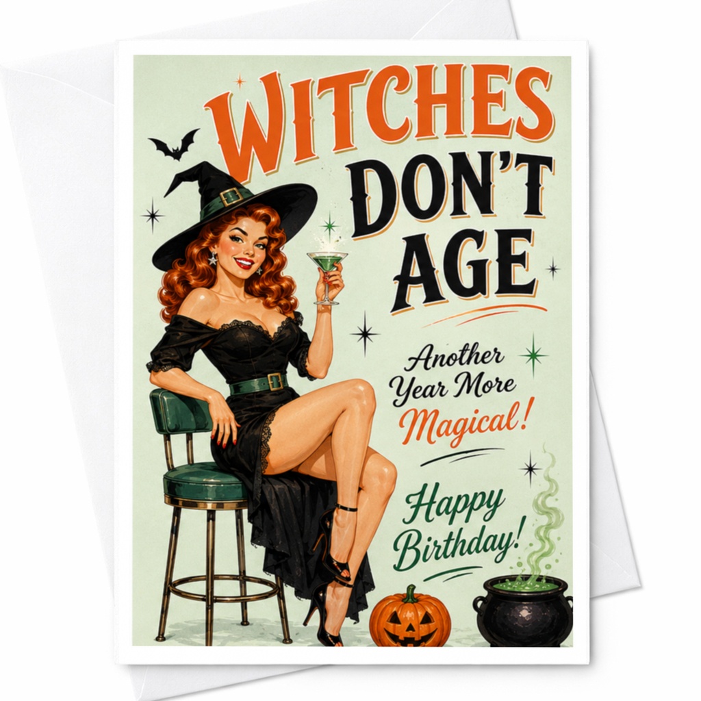 Witches Don't Age Another Year More Magical! Happy Birthday! Vintage Witch Birthday Card Retro Halloween Style For Her C3908