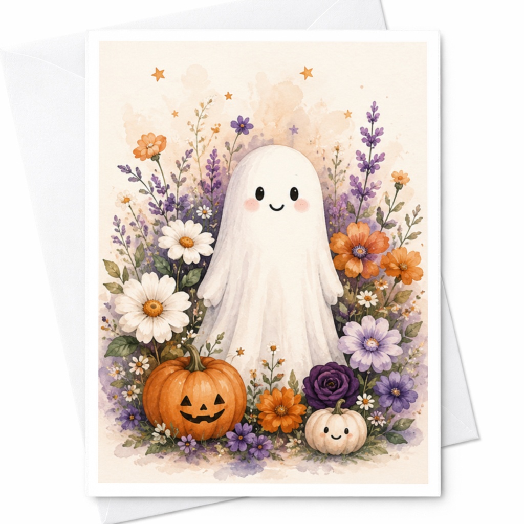 Cute Ghost Halloween Greeting Card Floral Pumpkin Adorable Autumn Card For Kids Spooky Season Card Watercolor Art C3910