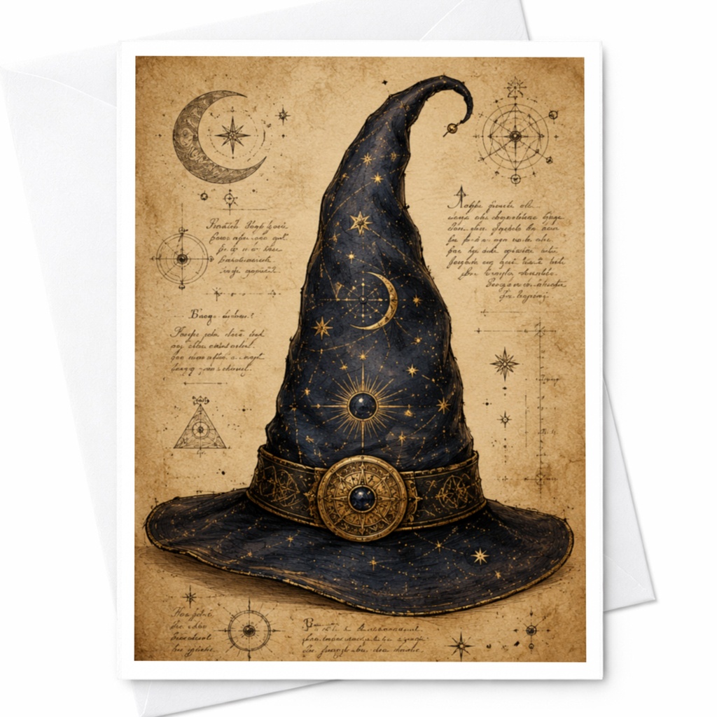 Practical Magic Guide Wizard Hat Celestial Symbols Blank Greeting Card Vintage Gothic Art Occult Witchcraft Card C3914