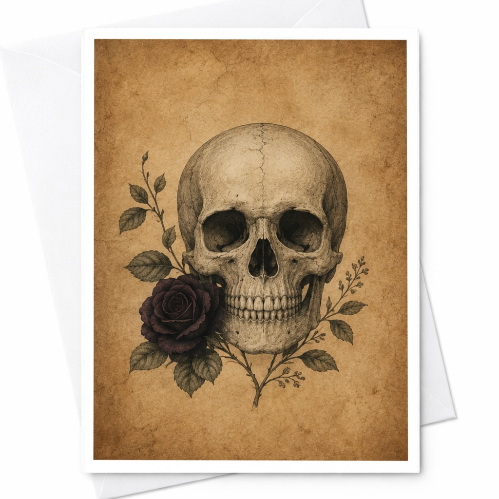 Skull With Rose Halloween Greeting Card Gothic Art Card For Friend Dark Floral Card Vintage Inspired Spooky Card C3918