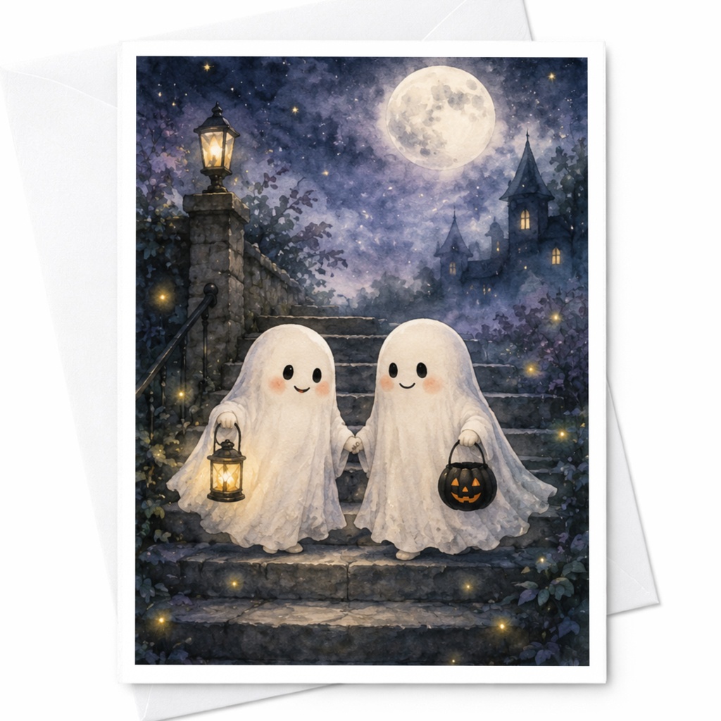 Cute Ghosts Halloween Greeting Card Retro Style Spooky Night Scene For Kids Trick Or Treat Card Collectible Art C3921