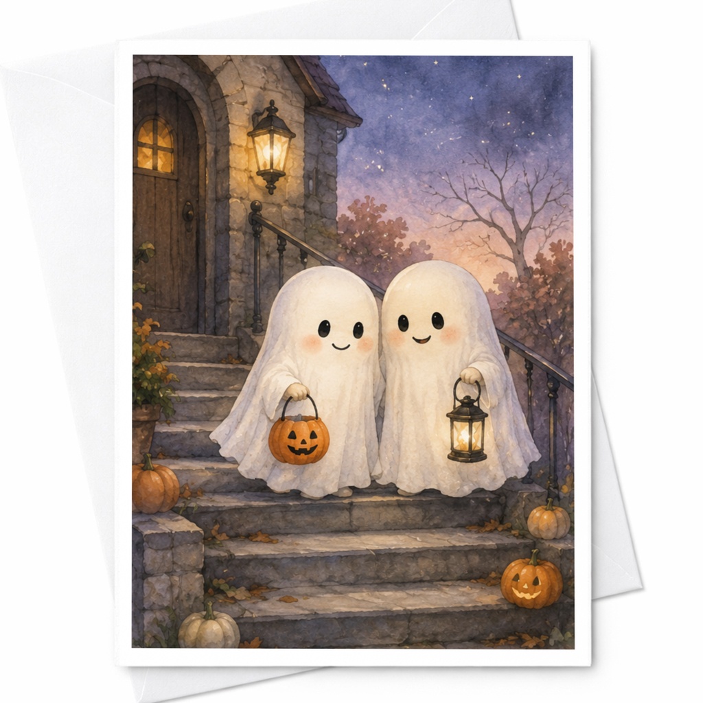 Cute Ghosts Halloween Greeting Card Retro Style Spooky Ghosts On Steps For Halloween Lovers Vintage Inspired Card C3922