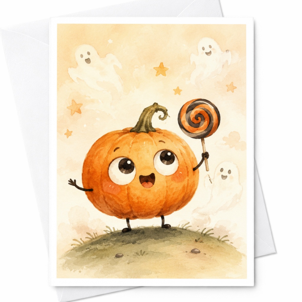 Cute Pumpkin Halloween Greeting Card Adorable Ghosts Lollipop For Kids Spooky Fun Card Watercolor Illustration C3923