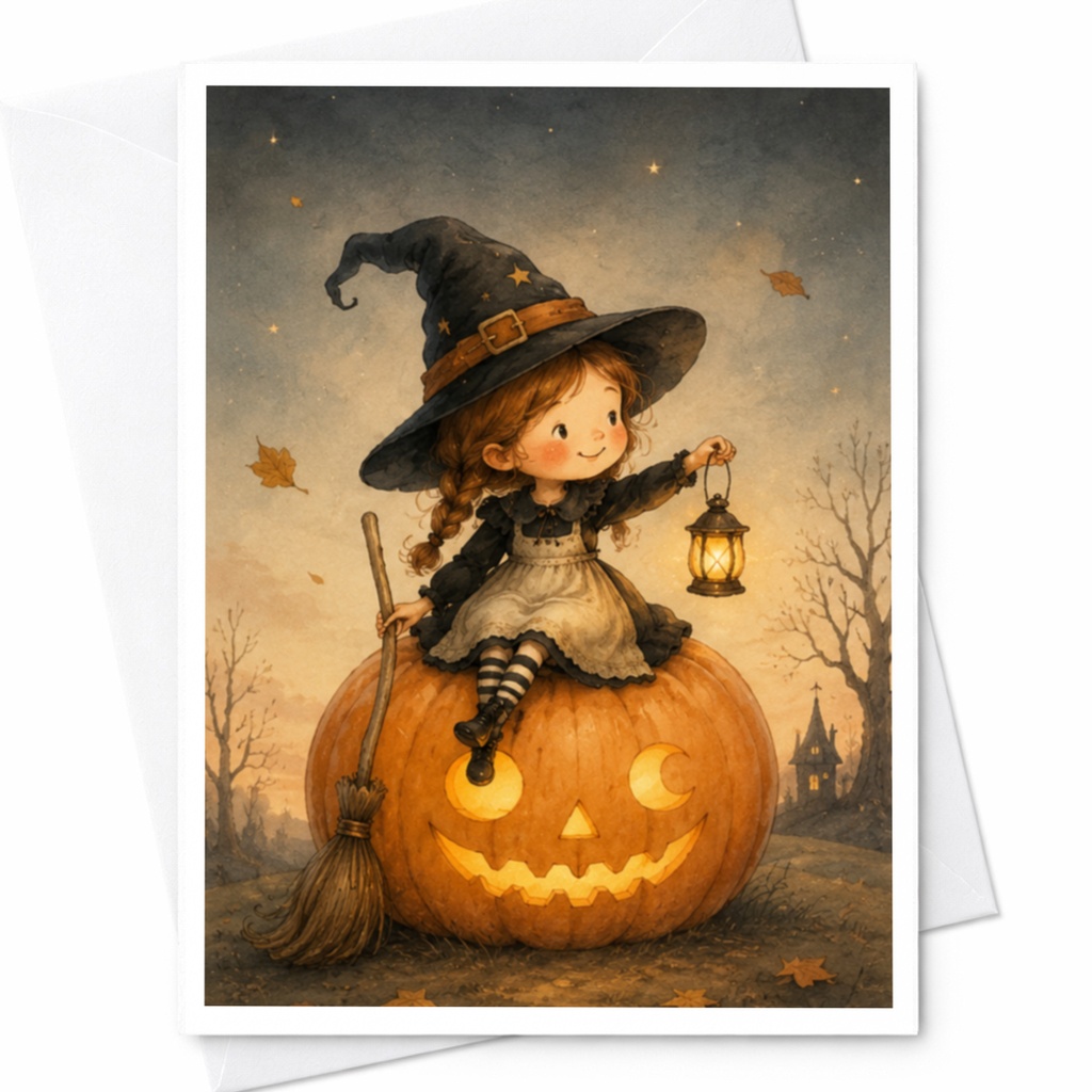 Cute Witch On Pumpkin Halloween Greeting Card Vintage Style For Kids Trick Or Treat Autumn Illustration Witch Lover C3925