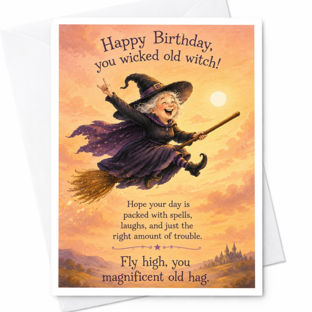 Happy Birthday, You Wicked Old Witch Funny Birthday Card Witch Theme For Friend Magic Lover Greeting Card C3927