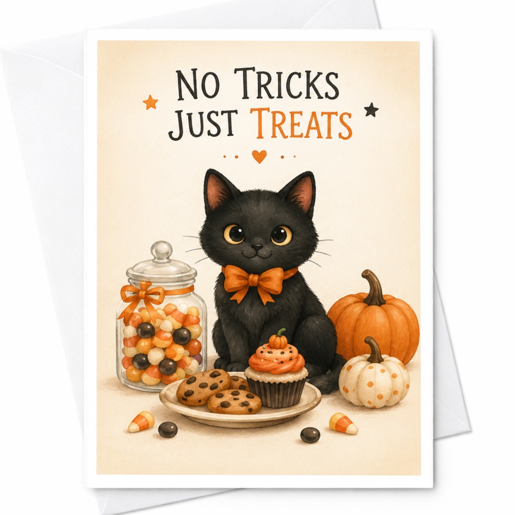 No Tricks Just Treats Halloween Card Cute Black Cat With Treats For Kids Fun Spooky Greeting Card Candy Lover C3929