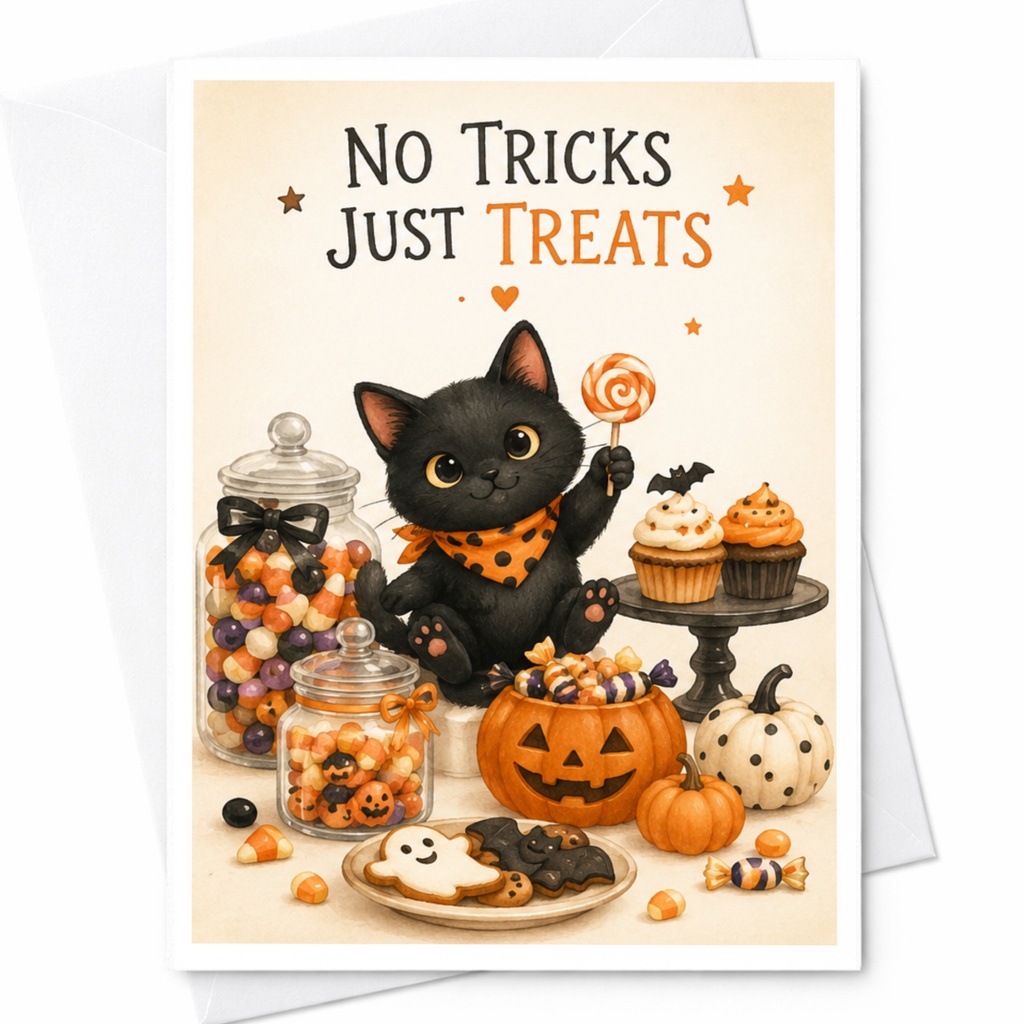 No Tricks Just Treats Cute Halloween Card Black Cat With Candy Fun Holiday Greeting Card For Kids Trick Or Treat C3930