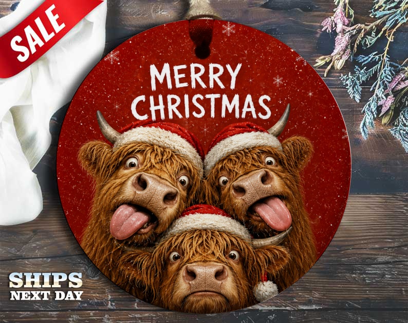Merry Christmas Funny Highland Cow Ornament Cute Animal Christmas Decor Holiday Gift For Cow Lover Festive Tree Decoration O42