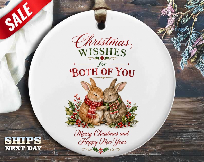 Christmas Wishes For Both Of You Ornament Merry Christmas Happy New Year Cute Bunnies Holiday Decor Gift O44