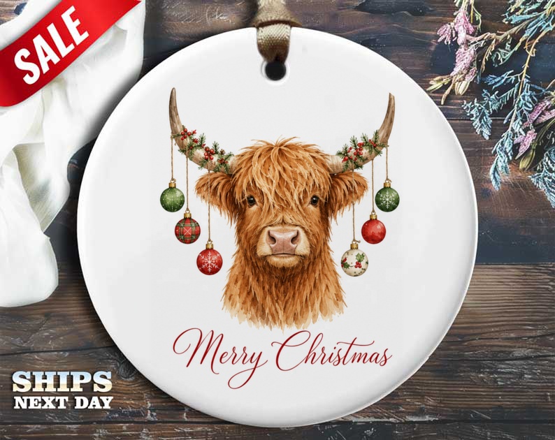 Merry Christmas Highland Cow Ornament Festive Holiday Decor Cute Animal Christmas Tree Decoration Rustic Farmhouse Style O16
