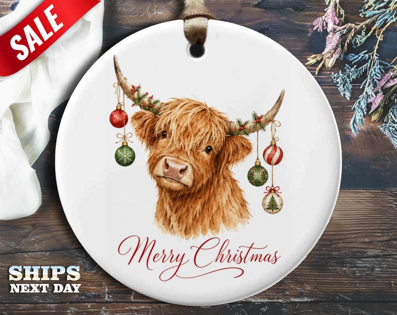 Merry Christmas Highland Cow Ornament Cute Holiday Decor Rustic Farmhouse Christmas Tree Decoration Animal Lover Gift O17