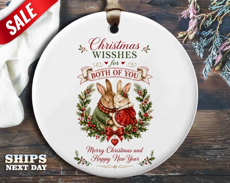 Christmas Wishes For Both Of You Ornament Cute Bunnies With Wreath Christmas Ornament Holiday Decor Gift For Couple Festive Home D O43