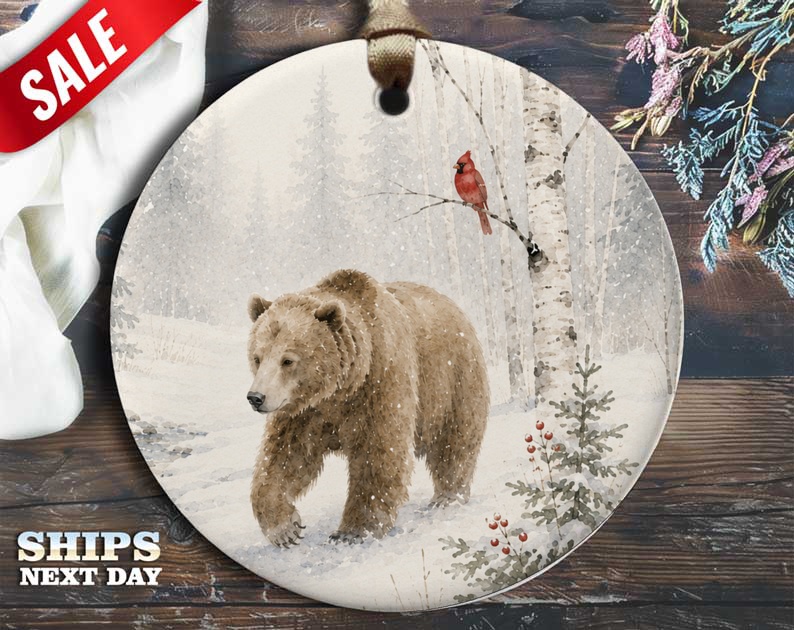 Bear And Cardinal Christmas Ornament Winter Wildlife Decoration Nature Lover Gift Woodland Animal Holiday Decor O45
