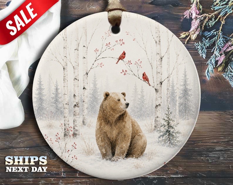 Bear And Cardinals Ornament Winter Forest Scene Christmas Ornament Woodland Animal Decor Holiday Tree Decoration Gift O46