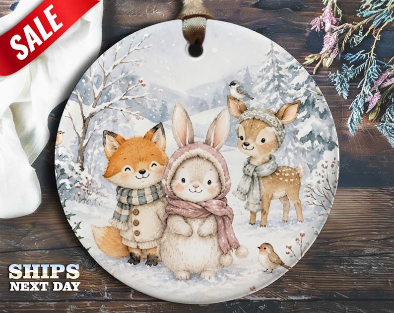 Woodland Animals In Winter Christmas Ornament Cute Fox Bunny Deer Holiday Decor For Animal Lover Winter Scene Ornament O53