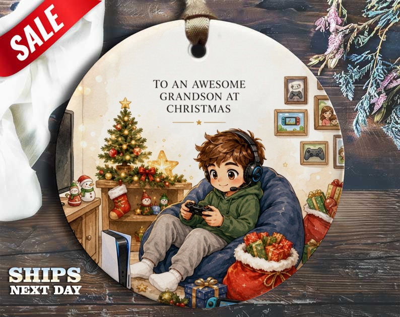 To An Awesome Grandson At Christmas Ornament Gaming Boy Christmas Tree Holiday Decor Gift For Grandson Gamer Christmas Ornament O55