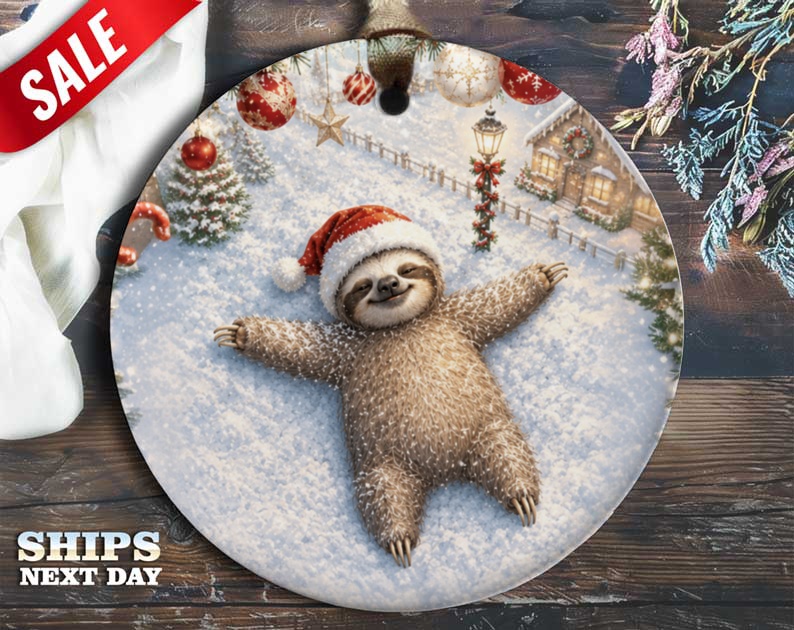 Sloth Christmas Ornament Cute Holiday Decor Santa Hat Snow Scene Winter Wonderland Tree Decoration Gift O67