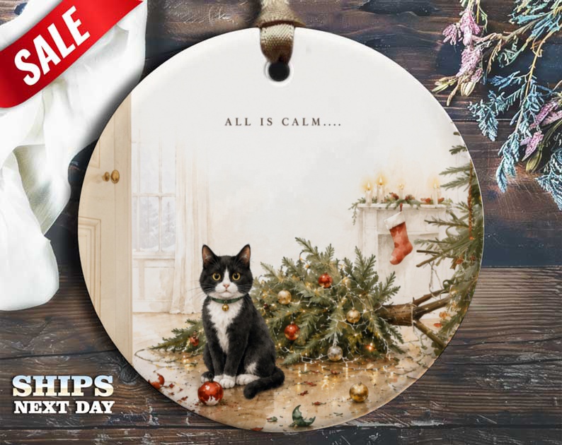 All Is Calm.... Christmas Ornament Cat With Christmas Tree Holiday Decor Cute Festive Decoration For Cat Lovers O78