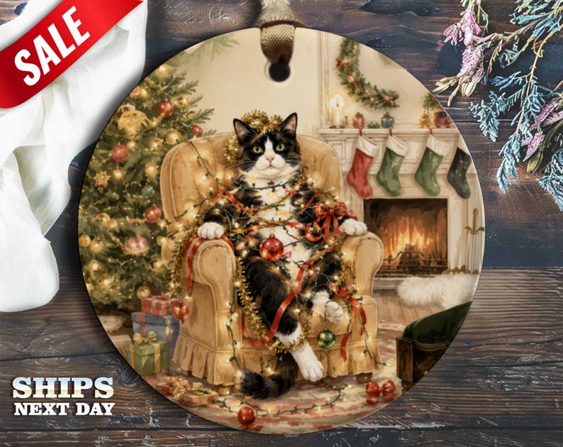 Cat Christmas Ornament Festive Holiday Decor Cute Cat Lover Gift Christmas Tree Decoration Cozy Fireplace Scene O83