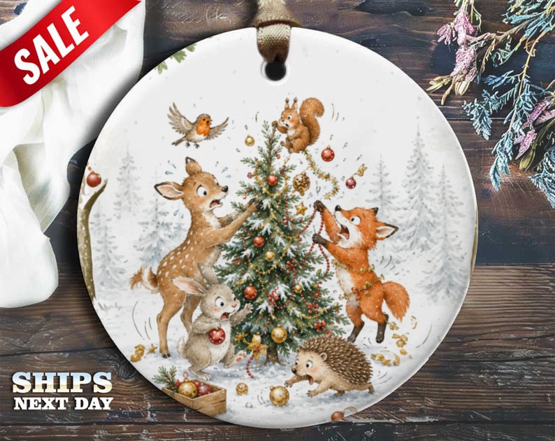 Woodland Animals Christmas Ornament Cute Forest Creatures Holiday Decor Festive Tree Decoration Winter Wildlife Scene O95